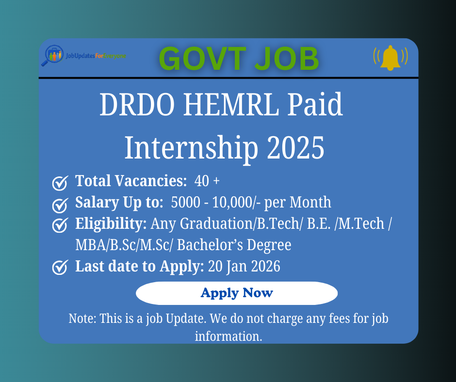 DRDO HEMRL Paid Internship 2026: Apply for 40 Posts
