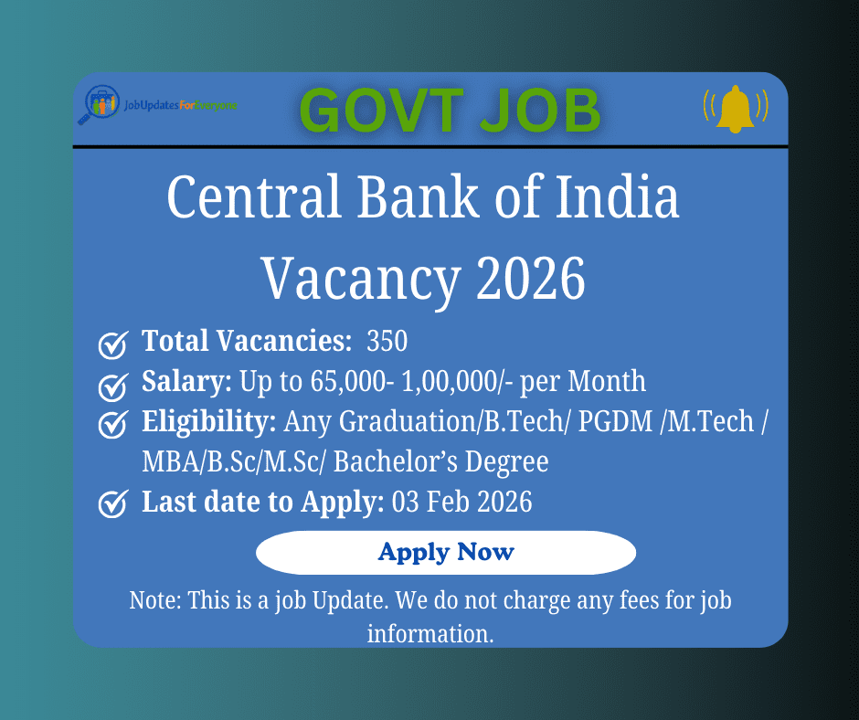 Central Bank of India Specialist Officer Recruitment 2026 – 350 Vacancies