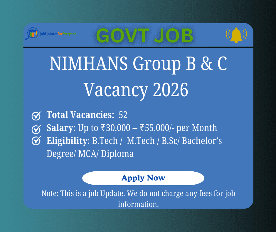 NIMHANS Group B & C Recruitment 2026 – 52 Posts
