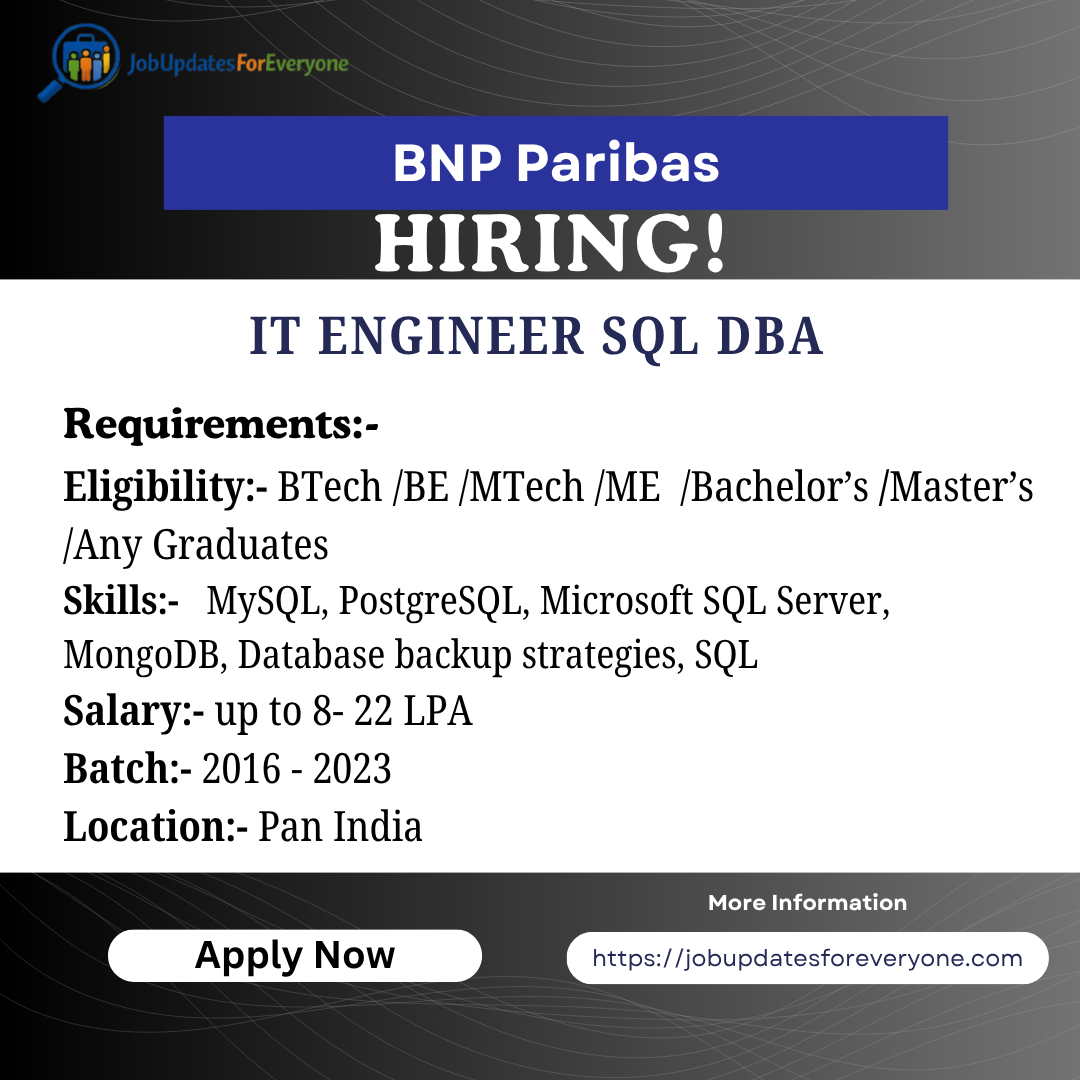 BNP Paribas IT Engineer SQL DBA Jobs 2026